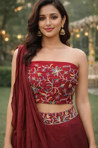 Maroon Color Stylish Rangoli Silk Fabric Thread Embroidery Work Lehenga Set