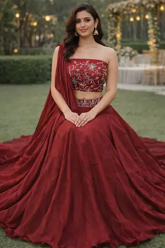Maroon Color Stylish Rangoli Silk Fabric Thread Embroidery Work Lehenga Set