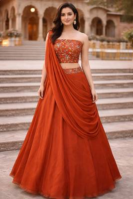 Orange Color Stylish Rangoli Silk Fabric Thread Embroidery Work Lehenga Set 1