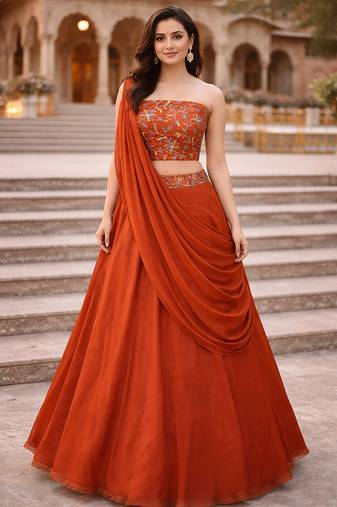 Orange Color Stylish Rangoli Silk Fabric Thread Embroidery Work Lehenga Set
