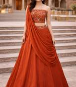 Orange Color Stylish Rangoli Silk Fabric Thread Embroidery Work Lehenga Set