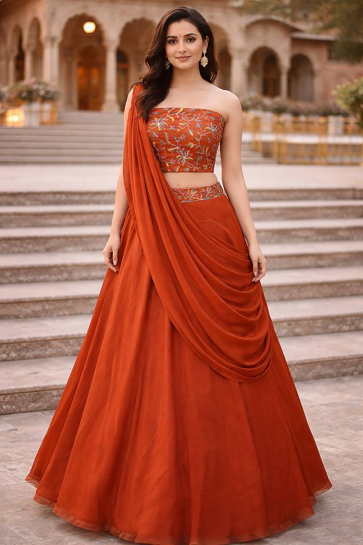 Orange Color Stylish Rangoli Silk Fabric Thread Embroidery Work Lehenga Set