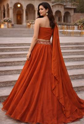 Orange Color Stylish Rangoli Silk Fabric Thread Embroidery Work Lehenga Set 2
