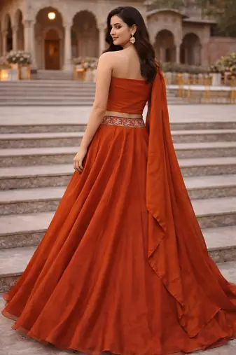 Orange Color Stylish Rangoli Silk Fabric Thread Embroidery Work Lehenga Set