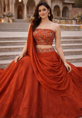 Orange Color Stylish Rangoli Silk Fabric Thread Embroidery Work Lehenga Set 4