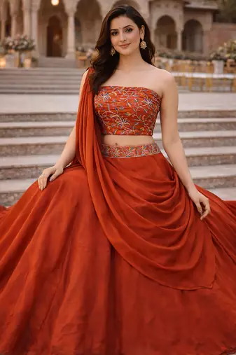 Orange Color Stylish Rangoli Silk Fabric Thread Embroidery Work Lehenga Set