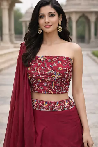 Pink Color Stylish Rangoli Silk Fabric Thread Embroidery Work Lehenga Set