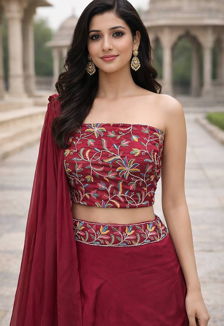 Pink Color Stylish Rangoli Silk Fabric Thread Embroidery Work Lehenga Set