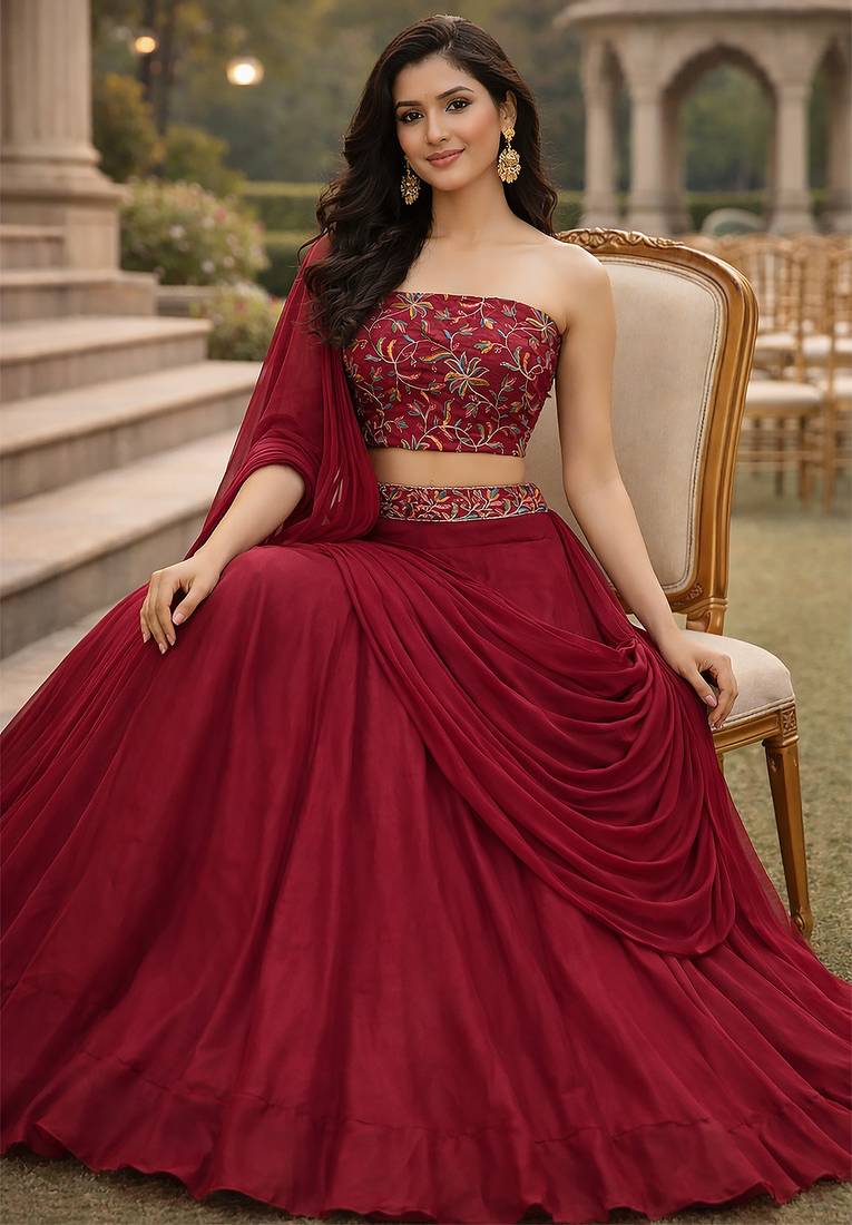 Pink Color Stylish Rangoli Silk Fabric Thread Embroidery Work Lehenga Set