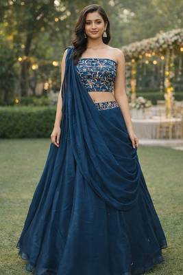 Rama Color Stylish Rangoli Silk Fabric Thread Embroidery Work Lehenga Set 1