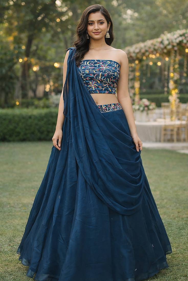 Rama Color Stylish Rangoli Silk Fabric Thread Embroidery Work Lehenga Set