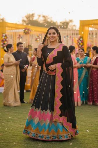Black Color Taffeta Silk Girlie Partywear Lehenga Choli For Girls