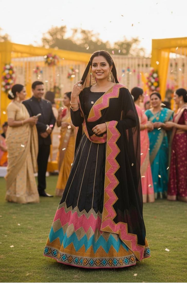 Black Color Taffeta Silk Girlie Partywear Lehenga Choli For Girls
