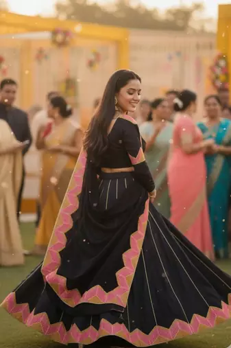 Black Color Taffeta Silk Girlie Partywear Lehenga Choli For Girls