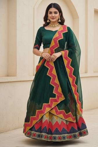 Green Color Taffeta Silk Girlie Partywear Lehenga Choli For Girls