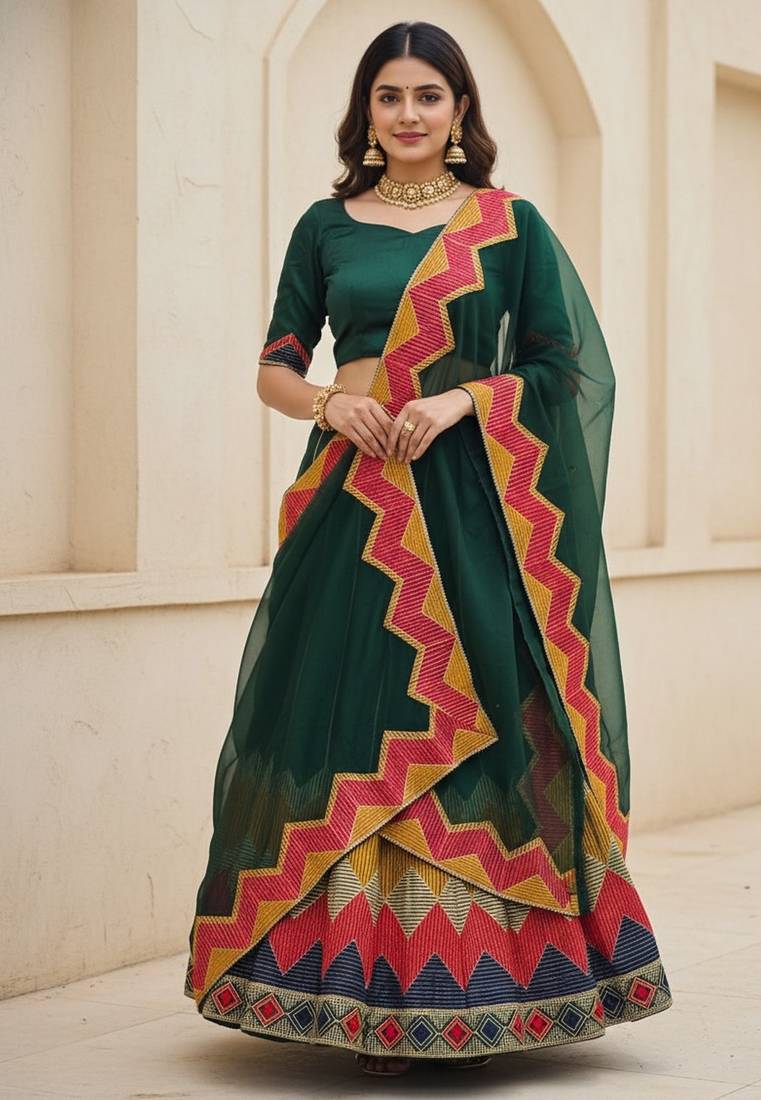 Green Color Taffeta Silk Girlie Partywear Lehenga Choli For Girls