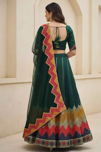 Green Color Taffeta Silk Girlie Partywear Lehenga Choli For Girls