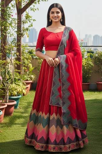 Red Color Taffeta Silk Girlie Partywear Lehenga Choli For Girls