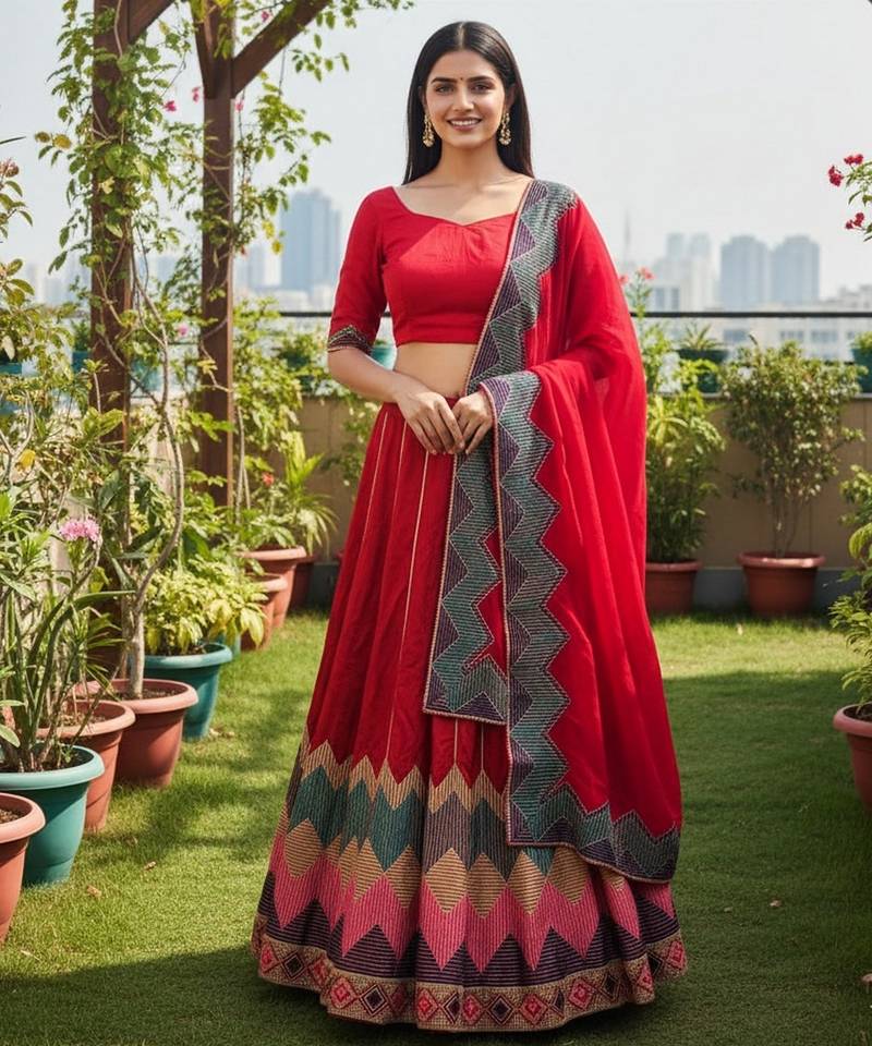 Red Color Taffeta Silk Girlie Partywear Lehenga Choli For Girls