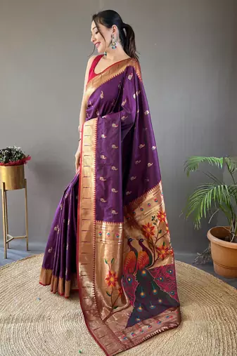 Wine color silk blend saree with rich contrast weaving pallu & border and beautiful buttis