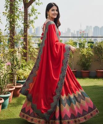Red Color Taffeta Silk Girlie Partywear Lehenga Choli For Girls 3
