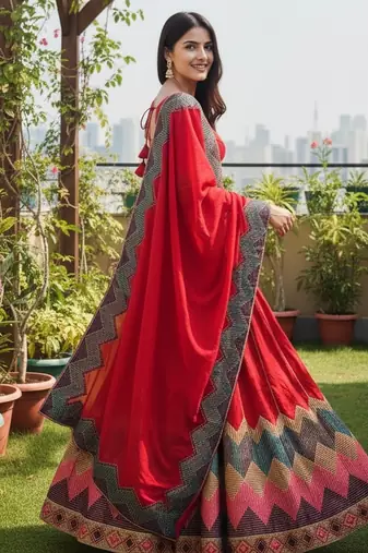 Red Color Taffeta Silk Girlie Partywear Lehenga Choli For Girls