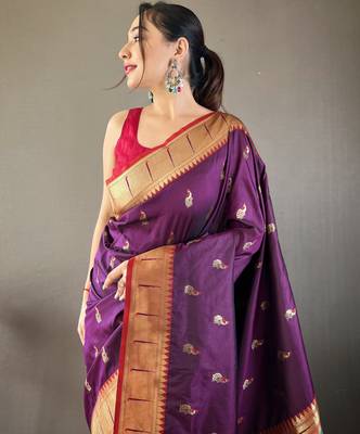 Wine color silk blend saree with rich contrast weaving pallu & border and beautiful buttis 3