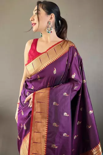Wine color silk blend saree with rich contrast weaving pallu & border and beautiful buttis