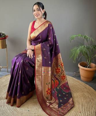 Wine color silk blend saree with rich contrast weaving pallu & border and beautiful buttis 4