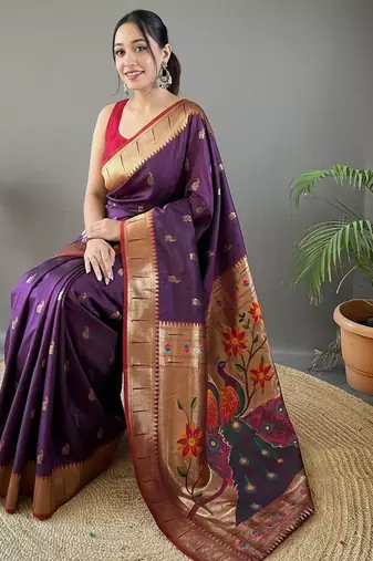 Wine color silk blend saree with rich contrast weaving pallu & border and beautiful buttis