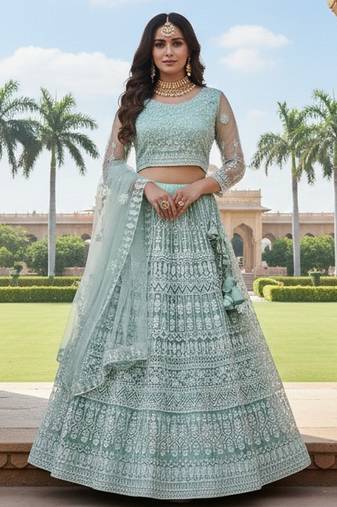 Sea Green Color Net Girlie Partywear Lehenga Choli For Girls