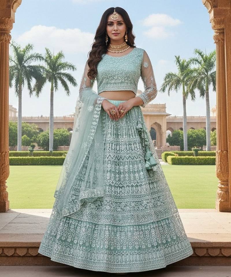 Sea Green Color Net Girlie Partywear Lehenga Choli For Girls