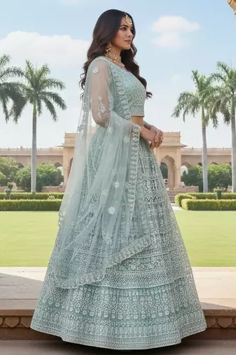 Sea Green Color Net Girlie Partywear Lehenga Choli For Girls