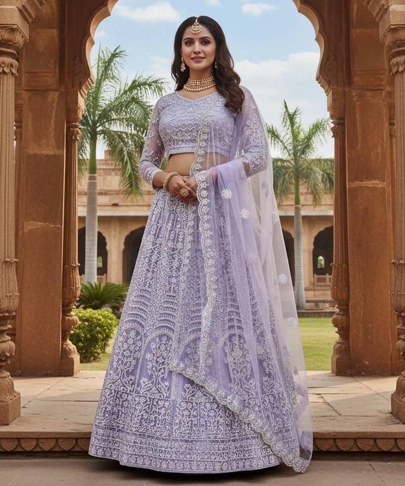 Lavender Color Net Girlie Partywear Lehenga Choli For Girls