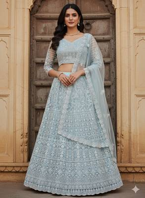 Sky Blue Color Net Girlie Partywear Lehenga Choli For Girls 1