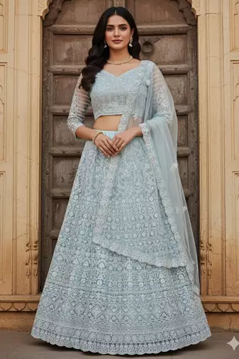 Sky Blue Color Net Girlie Partywear Lehenga Choli For Girls