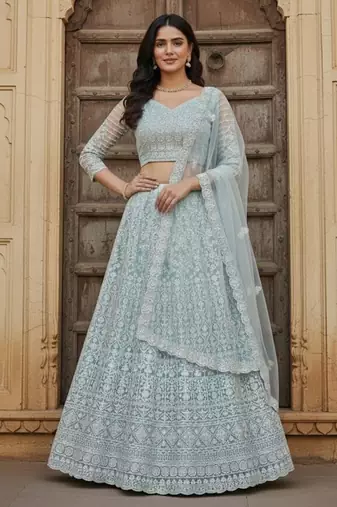 Sky Blue Color Net Girlie Partywear Lehenga Choli For Girls