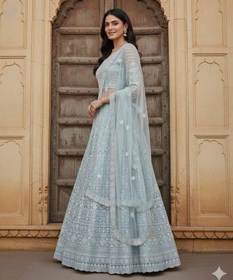 Sky Blue Color Net Girlie Partywear Lehenga Choli For Girls 4
