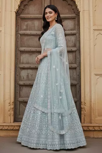 Sky Blue Color Net Girlie Partywear Lehenga Choli For Girls