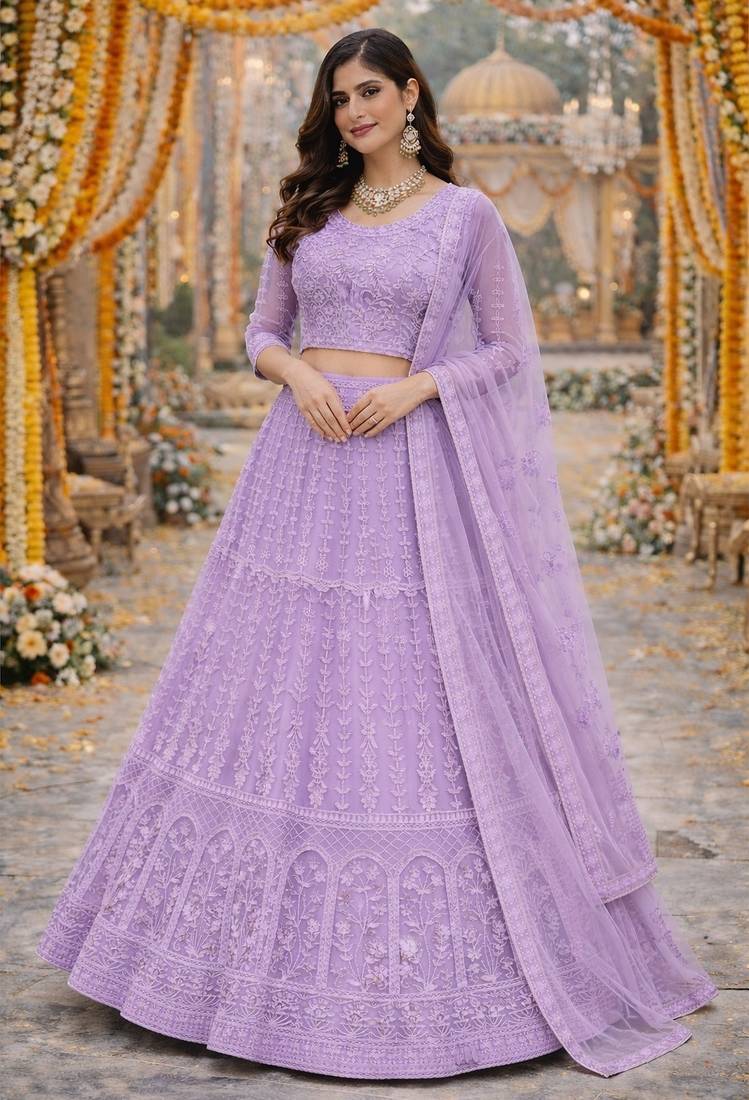 Lavender Color Net Girlie Partywear Lehenga Choli For Girls