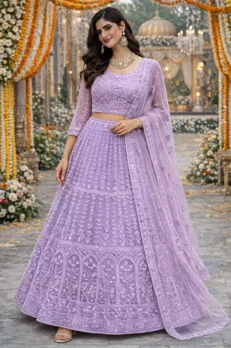 Lavender Color Net Girlie Partywear Lehenga Choli For Girls