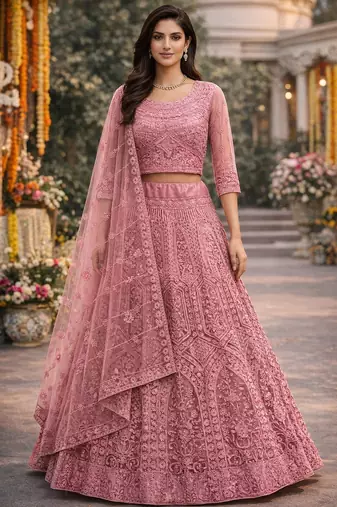 Pink Color Net Girlie Partywear Lehenga Choli For Girls