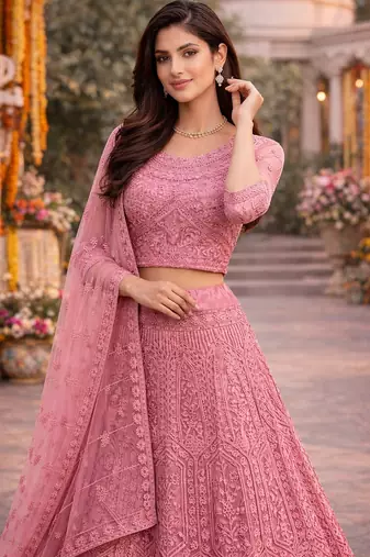 Pink Color Net Girlie Partywear Lehenga Choli For Girls