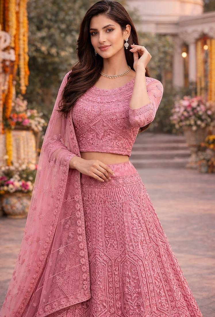 Pink Color Net Girlie Partywear Lehenga Choli For Girls