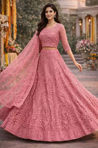 Pink Color Net Girlie Partywear Lehenga Choli For Girls