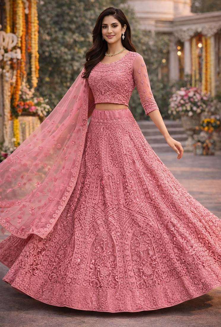 Pink Color Net Girlie Partywear Lehenga Choli For Girls