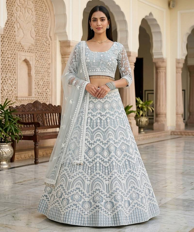 Sky Blue Color Net Girlie Partywear Lehenga Choli For Girls
