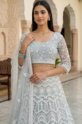 Sky Blue Color Net Girlie Partywear Lehenga Choli For Girls