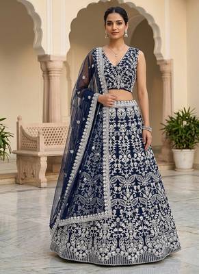 Navy Blue Color Net Girlie Partywear Lehenga Choli For Girls 1