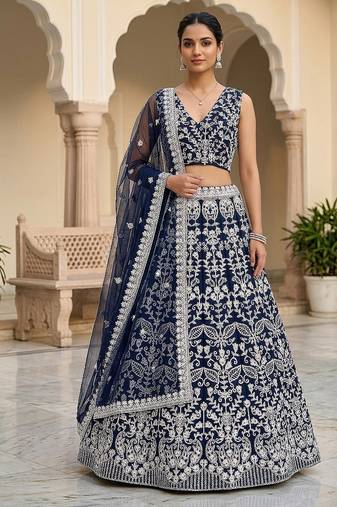 Navy Blue Color Net Girlie Partywear Lehenga Choli For Girls